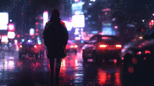 A Girl in a Coat Walking Alone in a Rainy Night City with Neon Lights