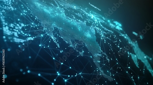 A Digital World Map Made of Light Blue Dots and Connections on a Dark Background