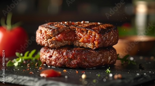 An Ultra-Realistic, Appetizing Image of a Juicy Burger Patty Stuffed with Molten Cheese