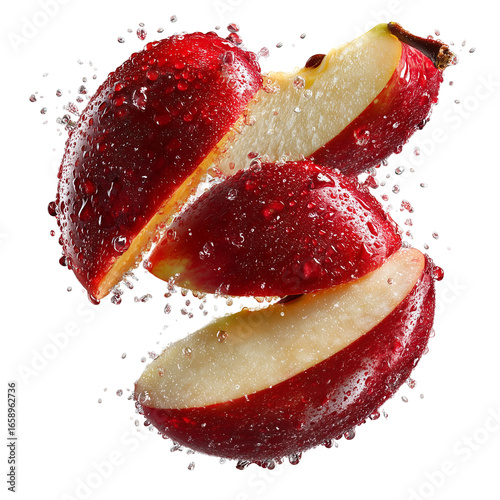 Fresh red apple slices with water droplets healthy fruit food concept isolated on transprint background
