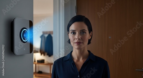 A woman stands in front of a smart doorbell camera mounted on a wall, with a blue light emanating from the device.