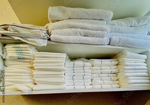 Stacked Diapers and Towels in Storage Shelf 