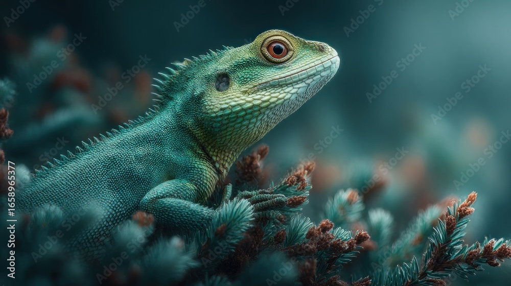 Obraz premium Emerald Lizard Perched on Teal Conifer Branches