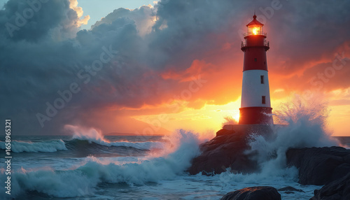 Majestic red and white lighthouse stands tall against a dramatic ocean sunset. Crashing waves illuminate rocky shore, symbolizing steadfastness, guidance, and maritime strength.