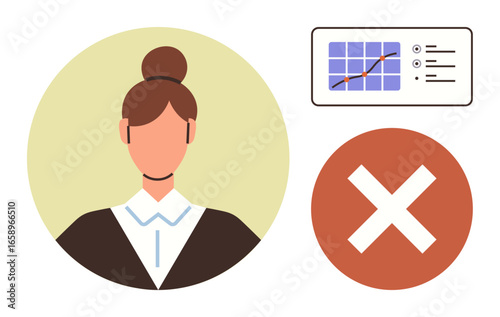 Female avatar in formal attire, a data chart with a trend line, and a red cross. Ideal for error detection, decision-making, education, feedback, evaluation analytics data analysis. Simple flat