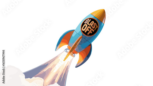 A vibrant rocket taking off with Blast Off written on it, symbolizing launch.