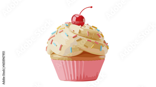 A delightful cupcake adorned with frosting and a cherry on top.