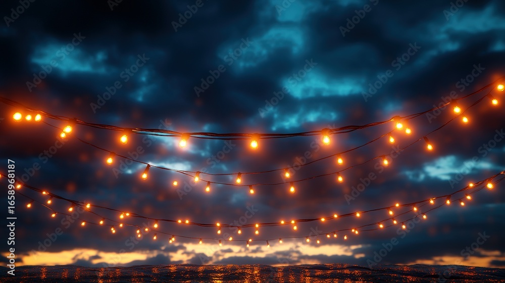 Fototapeta premium String lights hang against a dark cloudy sky with a sunset glow.