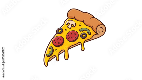 Delicious pizza slice illustration with melted cheese, pepperoni, olives, and mushrooms.