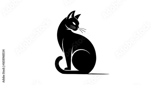 A sleek black cat sits poised, exuding elegance.