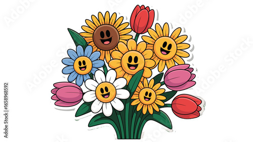 A charming bouquet of cartoon flowers with happy expressions.