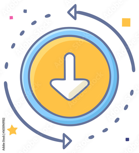 Circular download arrow icon with confetti and looping arrows symbolizing data transfer
