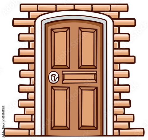 Cartoon illustration of a wooden door set within a brick wall with a white frame and handle