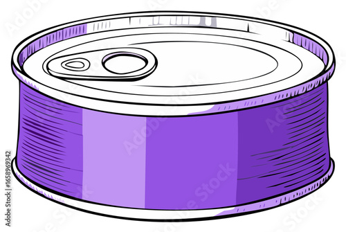 Illustration of a purple canned food item with a pull tab on a white background