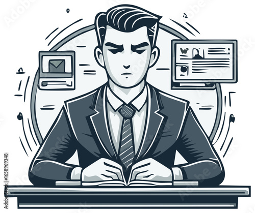 Focused professional businessman at office desk managing work and time illustration