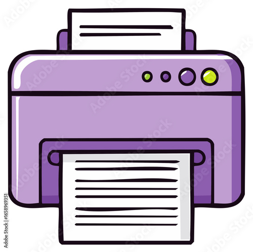 Vibrant Purple Cartoon Printer with Documents Being Printed Office Technology Icon