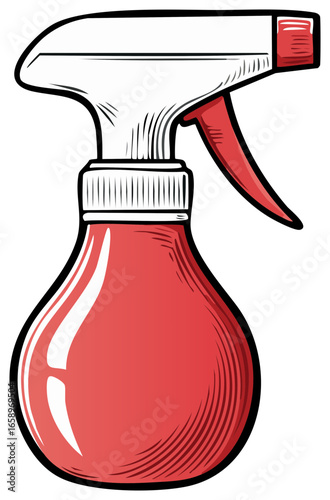 Red spray bottle with white and red trigger for cleaning or gardening