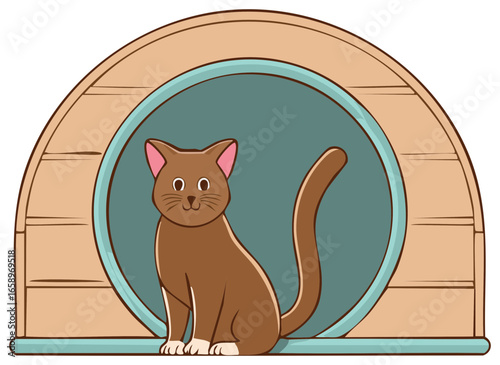 Cartoon Cat Sitting Inside a Dome Shaped Wooden Pet House with Teal Background