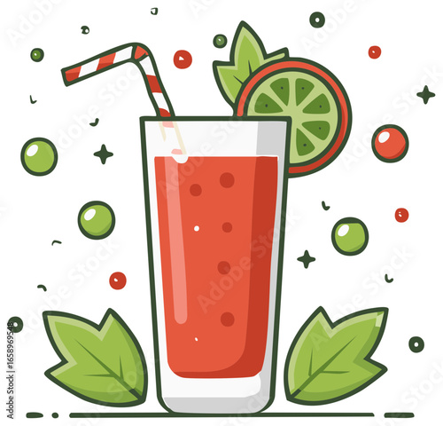 Refreshing Red Drink with Garnish and Bubbles