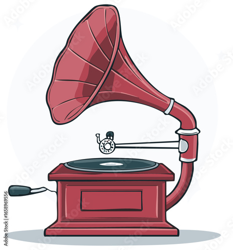 Classic red gramophone playing record with vintage design elements and cartoon art style for music and entertainment themes