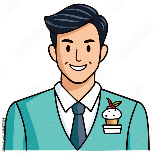 Smiling man in teal suit with a unique cupcake lapel pin a cartoon style illustration
