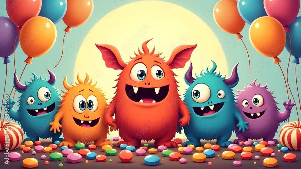 Naklejka premium A group of friendly cartoon monsters surrounded by piles of colorful candies and lollipops, balloons floating above, bright and playful Halloween illustration. 