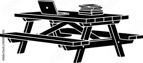 picnic table black silhouette icon - of a home office picnic table, furniture vector art