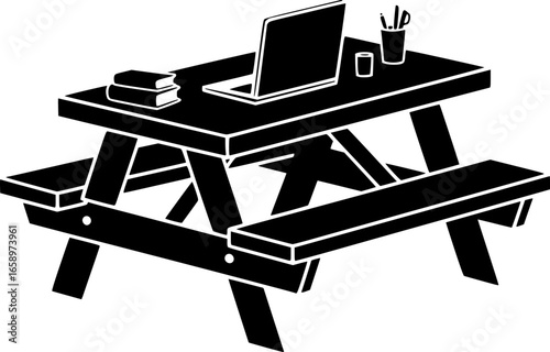 picnic table black silhouette icon - of a home office picnic table, furniture vector art