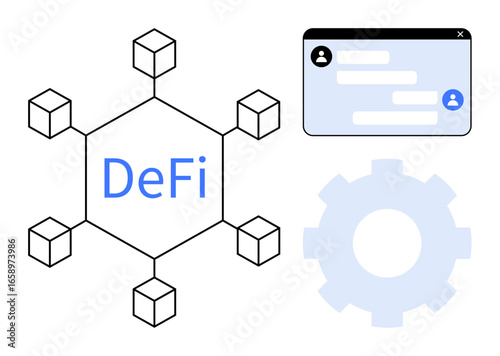 Decentralized network with blockchain nodes, chat interface and gear icon symbolizing communication, finance, and automation. Ideal for blockchain, DeFi, finance, networking, tech solutions