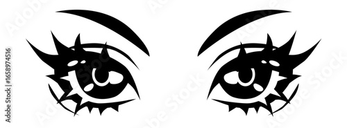Minimalistic manga style illustration features two expressive, detailed black anime eyes with dramatic lashes and brows. Theme is Japanese comics. Colors: black and white.
