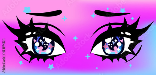 Bold vector illustration in manga anime style, featuring intense black dramatic eyes and sharp lashes. Colors: pink, lilac, black. Perfect for a t-shirt print.