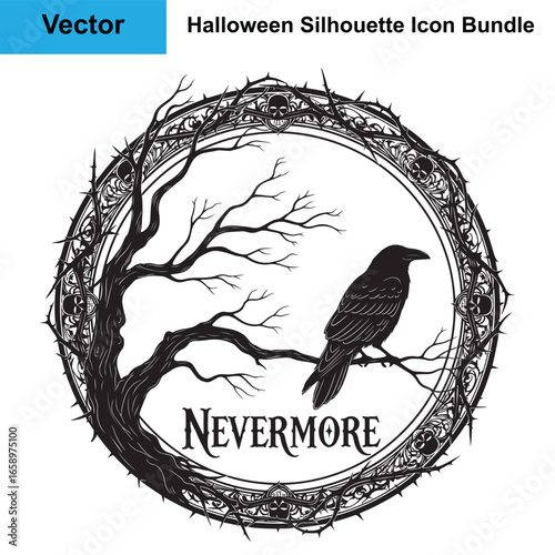 Φωτογραφία Gothic Raven on Branch in Thorny Frame Nevermore Emblem
