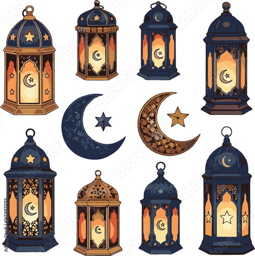 Collection of Ornate Middle Eastern Lanterns and Celestial Symbols Vector Art, Perfect for Cultural Celebrations and Decorative Designs