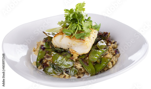 Cod Fish Fillets With Rice and Peas, isolated on white background