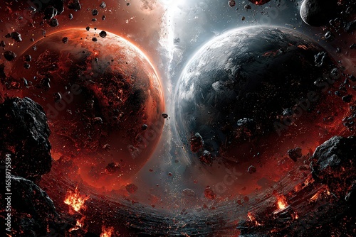 Fiery Collision Of Two Planets In Space