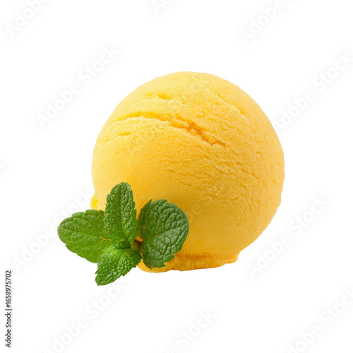 Single Scoop of Delicious Yellow Ice Cream with Fresh Mint Garnish