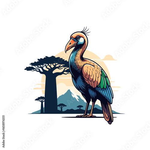 A stunning 3D vector illustration of the legendary Elephant Bird. Minimalist design with sharp lines and a vibrant stylized landscape brings this extinct giant to life.