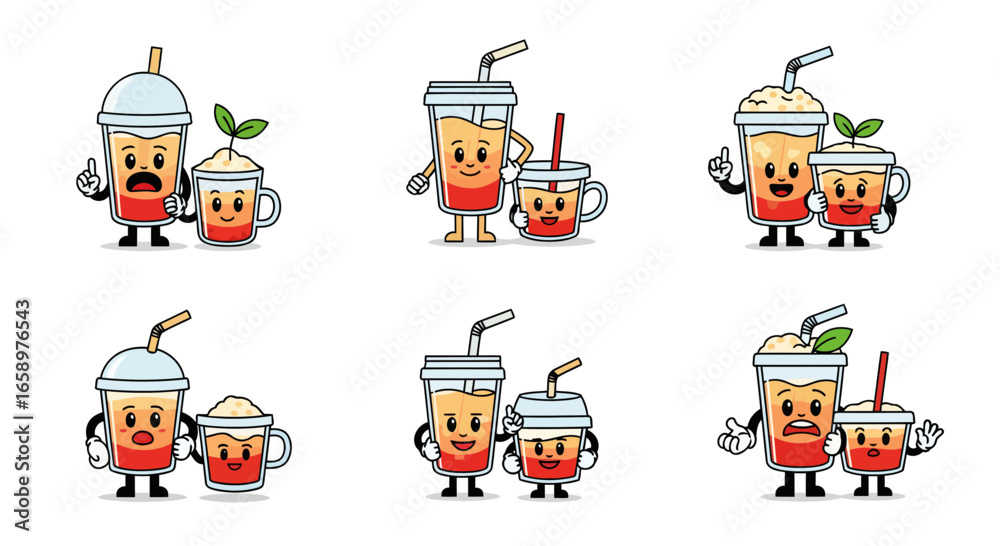 Fototapeta premium A playful collection of tea drink mascots in modern minimalist style, featuring sharp lines, vibrant CMYK colors, and clean designs, perfect for creative projects.