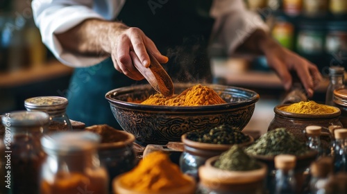 Fototapeta Naklejka Na Ścianę i Meble -  Hands Mixing Different Spices in Rustic Kitchen with Vibrant Colors