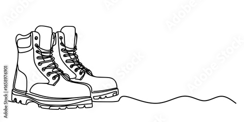 Minimalist Boots with Bold Soles, A minimalist line art of rugged lace-up boots with thick soles