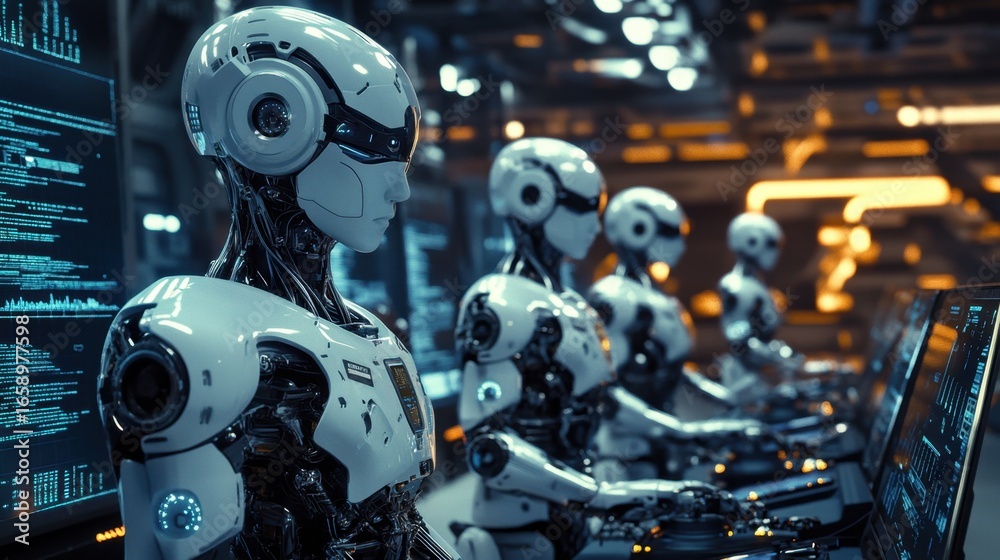 Fototapeta premium Futuristic Robots Working in High-Tech Control Room Environment