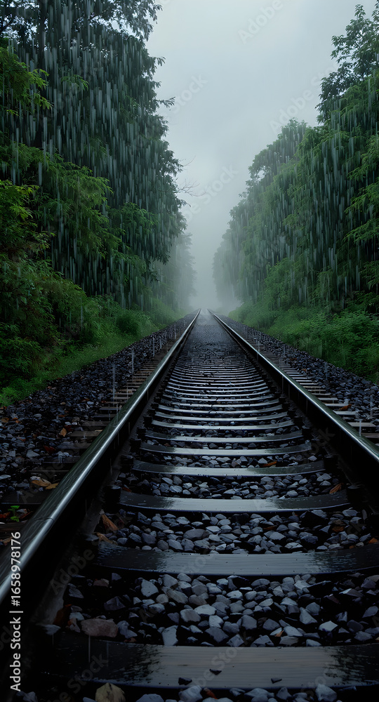 Obraz premium Moody railway scene with reflective rails, rain-soaked gravel, and rising mist — a high-contrast, dramatic atmosphere perfect for stock photography