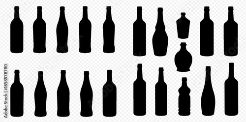 A diverse collection of black bottle silhouettes, showcasing various shapes and sizes for wine, liquor, and other beverages.