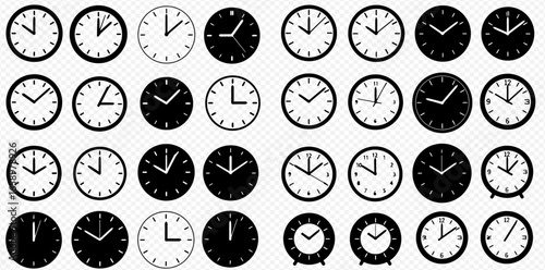 A large collection of simple black and white analog clock icons, each displaying a different time of the day.
