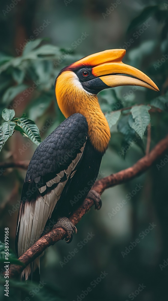 Fototapeta premium Great hornbill bird vibrant yellow beak in dense forest exotic wildlife mobile wallpaper and tropical nature background