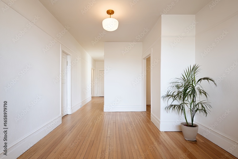 Obraz premium Empty hallway with hardwood floors and a plant