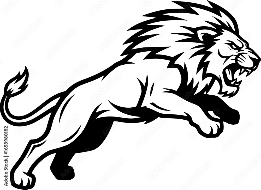 Obraz premium angry lion in a jump line art silhouette vector illustration