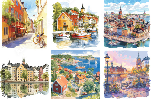 sweden scene watercolor clipart 