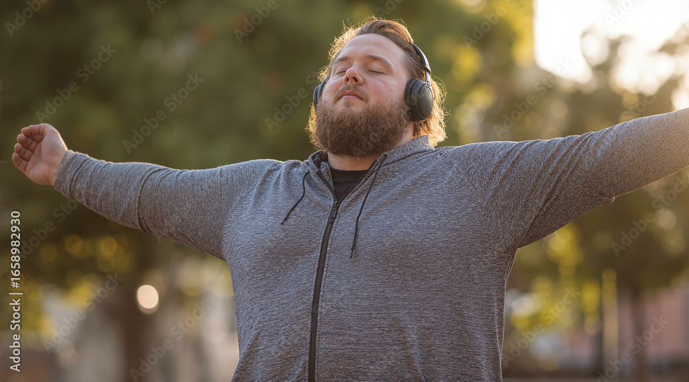 Obraz premium A man enjoying peaceful time listening to music. Wearing headphones, dressed in gray activewear, outside in the park, with arms wide open