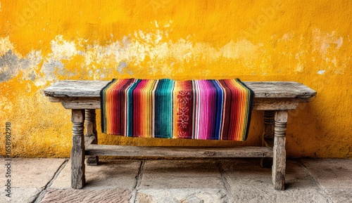 Rustic wooden bench with colorful tablecloth against a vibrant yellow wall